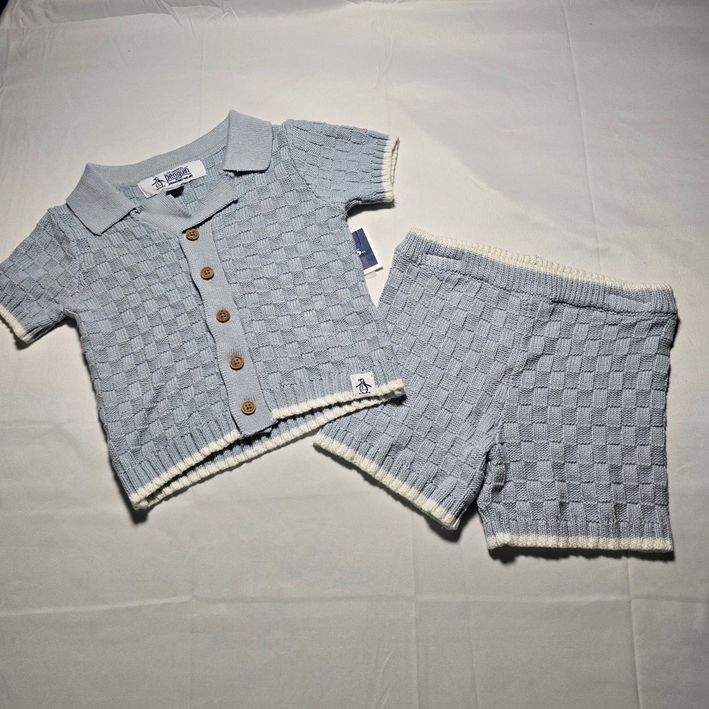 Original Penguin Baby Boy 2 Piece Knit Set Light Blue Cardigan Shorts 12M NWT